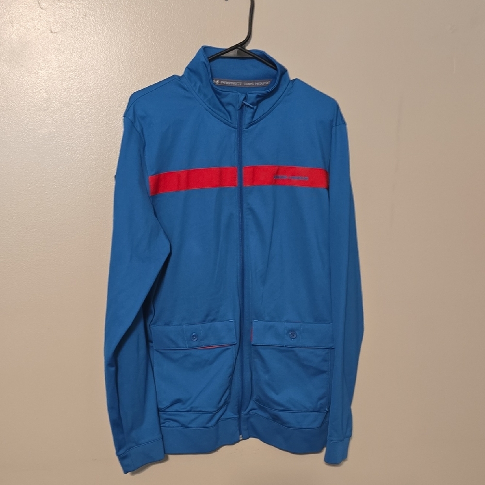 Under Armour Loose Coldgear Jacket Mens Blue Red Trim Full Zip Logo Patch Sz M
